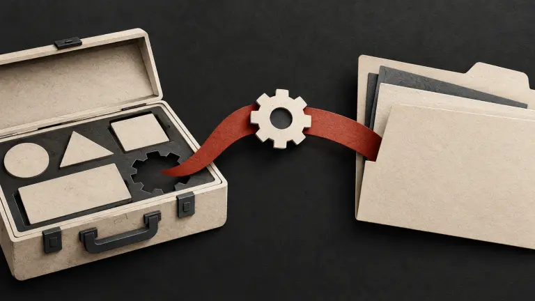 An old ivory toolkit feeds one fitted component into a new client deliverable folder