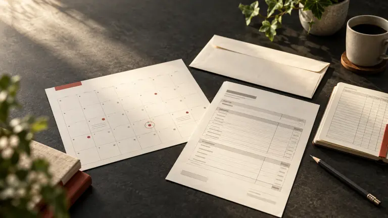 A calendar, payslip, and payment ledger arranged for a delayed-wage timeline review.
