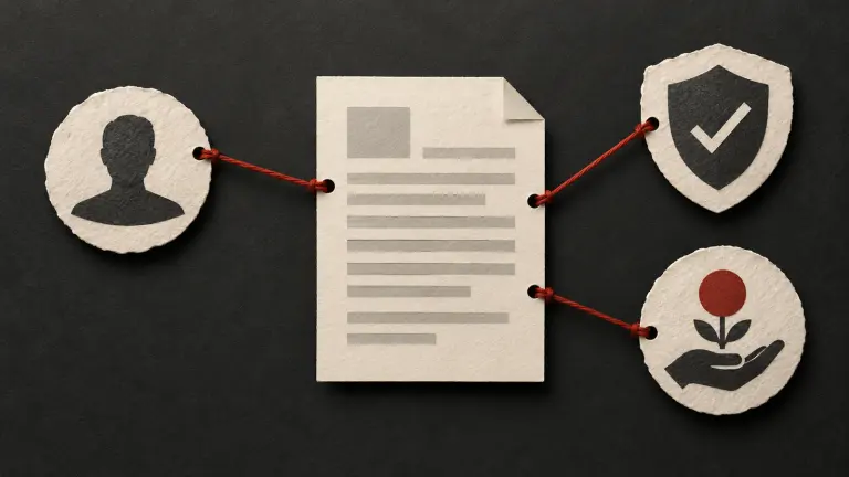 An ivory electronic document silhouette is attached to identity, integrity and consent paper tokens through separate brick-red threads