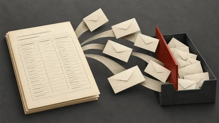A private ivory payroll folio has scattered paper envelopes radiating outward