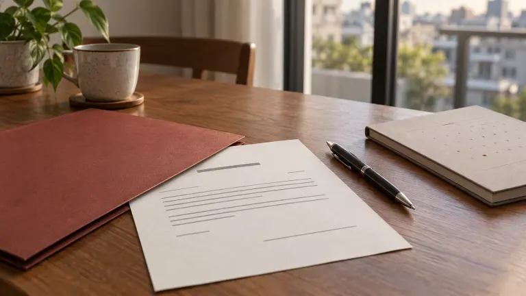 Unsigned resignation papers, a calendar and a closed pen on a quiet desk.