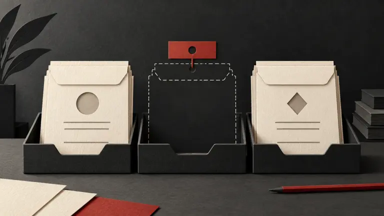 Three different ivory departure-document envelopes are sorted into distinct trays, with one missing certificate indicated by a clean cutout and a red request tab.
