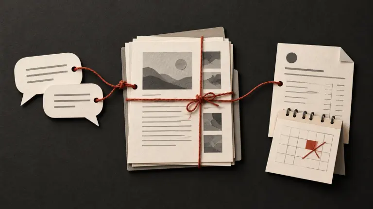 Ivory chat bubbles, a finished deliverable folio and an invoice are joined by a brick-red thread into an orderly evidence packet
