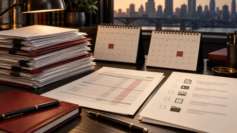 Fictional immigration papers, two calendar dates, income ledger, and document checklist.