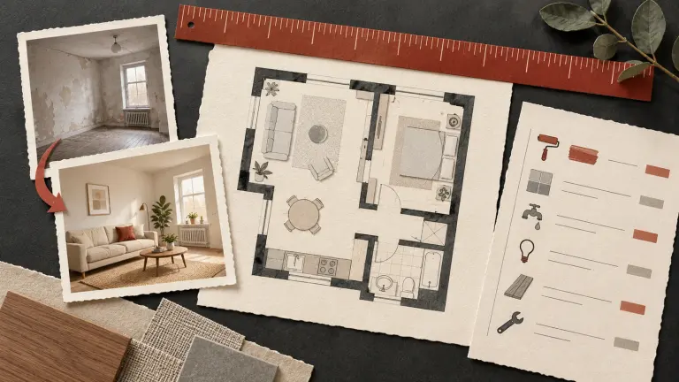 An ivory apartment floor-plan, small before-and-after photo cards and an itemized repair sheet are compared under a brick-red measuring strip