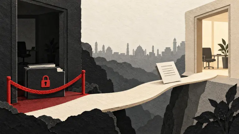 A path between two business doorways while confidential files remain behind a boundary.