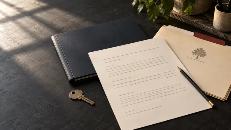 A small-estate affidavit sheet beside an unmarked bank folder, estate papers, and a key.