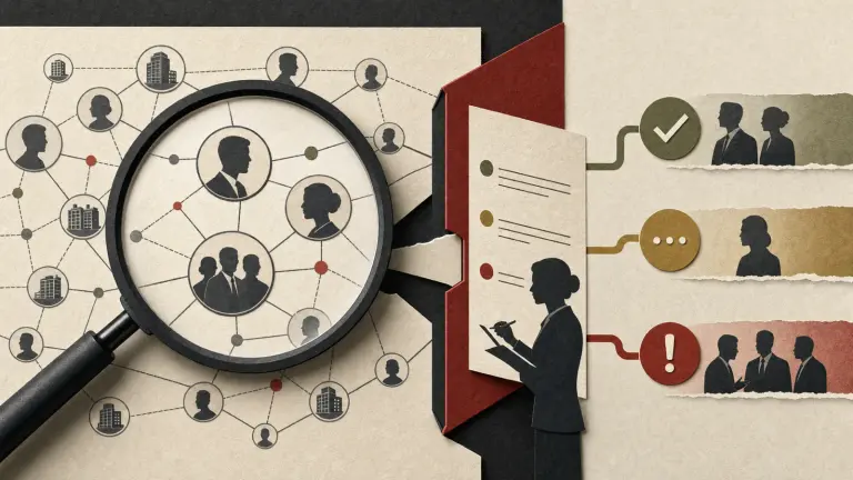 Illustration of a magnifying glass over linked people and companies, beside a conflict review file and decision symbols.