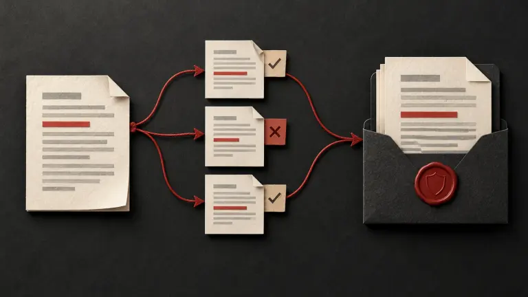 An approved master template connected to a revised draft, representative test cases and a final comparison.