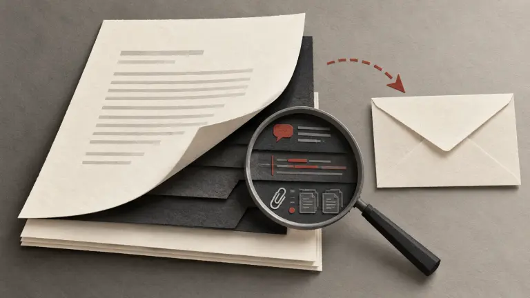A clean-looking document lifted to reveal hidden revision and metadata layers before an outbound envelope.