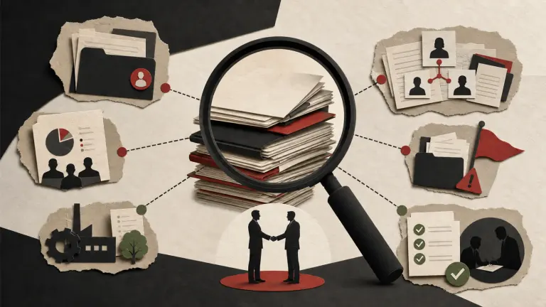 Illustration of a magnifying glass over due diligence files linked to ownership records, finances, risk flags and review checks.