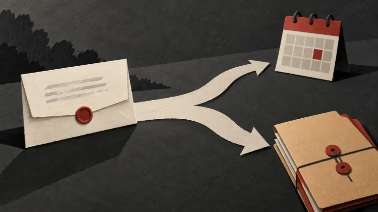 An unanswered notice branching toward a calendar and a separate court-process folder.