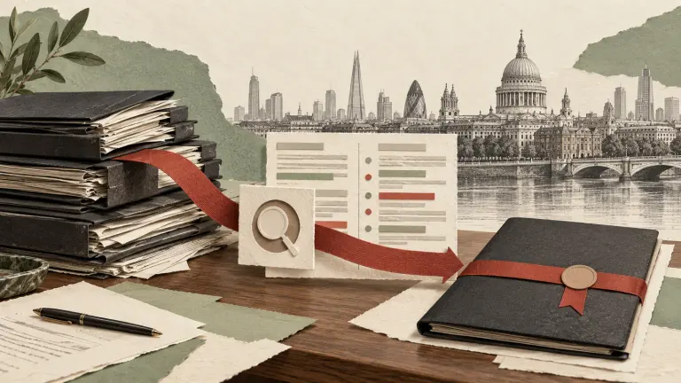 UK agreement folders and a clause comparison matrix passing through a solicitor review checkpoint to client delivery