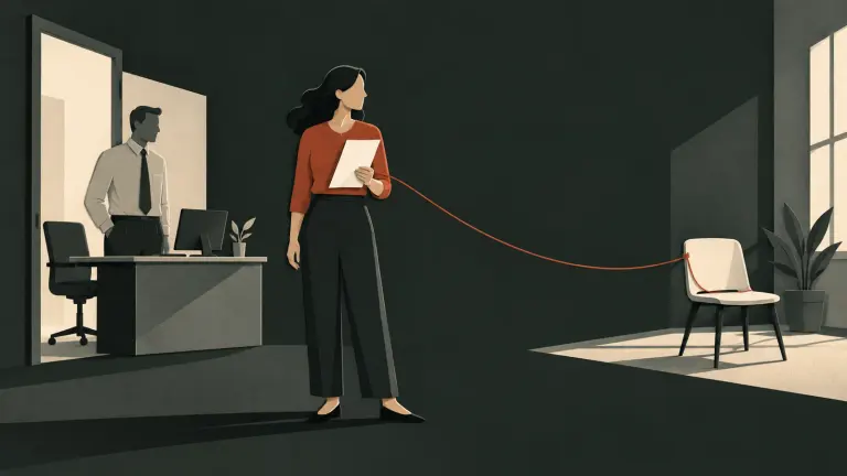 A paper-cut illustration shows an employee holding a summons, with a red thread connecting them to an empty chair while a manager remains at a separate workplace desk.