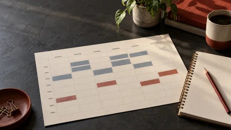 A fictional weekly planner with distinct school blocks and work shifts beside a blank notebook.