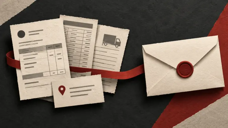 An invoice, payment ledger, delivery record and address card organised beside a demand envelope.