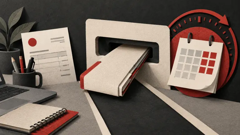 An invoice and application folder beside a calendar illustrating a delayed-payment claim.