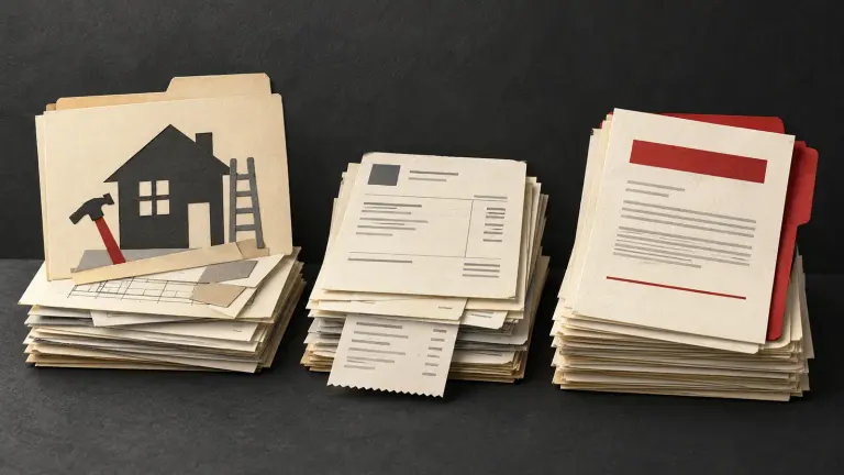 A household renovation folder, supplier invoice and payment receipts form three separate ivory stacks