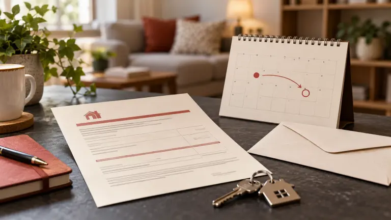 Fictional tenancy receipt, marked calendar, and neutral envelope arranged as a deposit-timing scene.