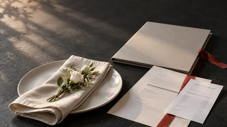 A wedding place setting beside a plain catering folder, booking paper and bank-transfer record.