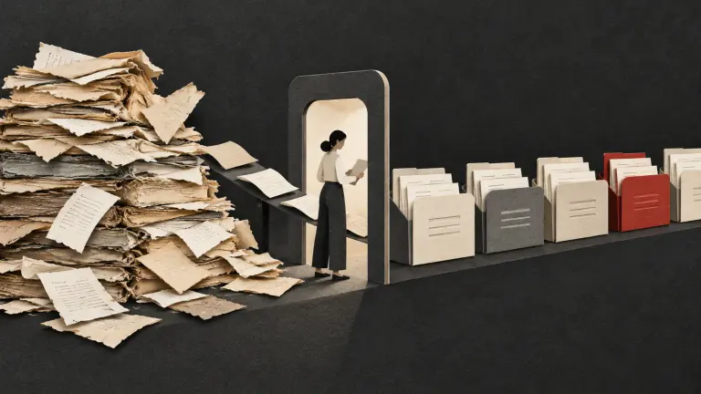 An older contract archive passing through review into indexed records while exceptions remain visible.