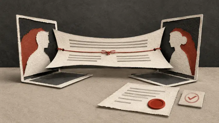 Two paper laptops connected by an agreement, with separate evidence of acceptance and verification.