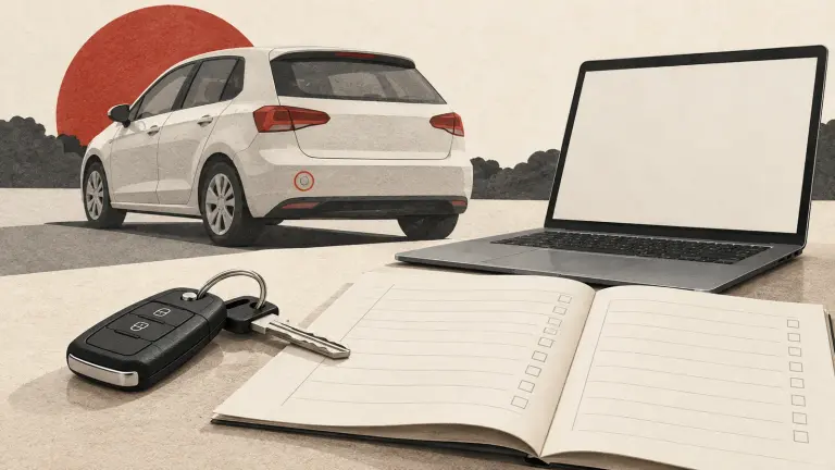 A delivered used car key, inspection notes and a blank online order screen arranged as a handover evidence file.