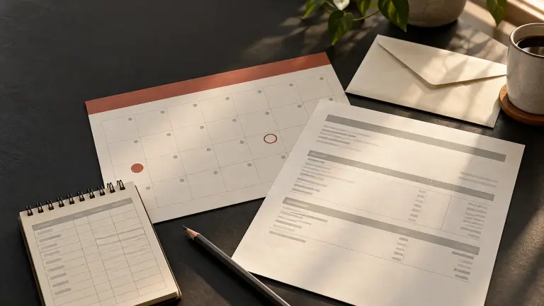 A calendar, payslip, and time ledger arranged to compare a last shift with payday.