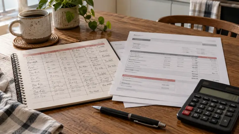 A fictional work schedule, time log and wage statement arranged for an hours-and-pay reconciliation.
