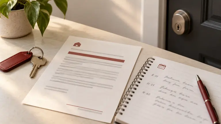 A fictional apartment key and door lock beside a rent notice and dated notebook documenting an access issue.