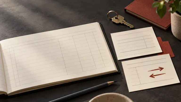 A fictional rent ledger, payment receipt and separate refund record with opposing arrows.