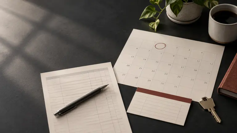 A fictional rent ledger and calendar beside a record of last-month rent and a house key.