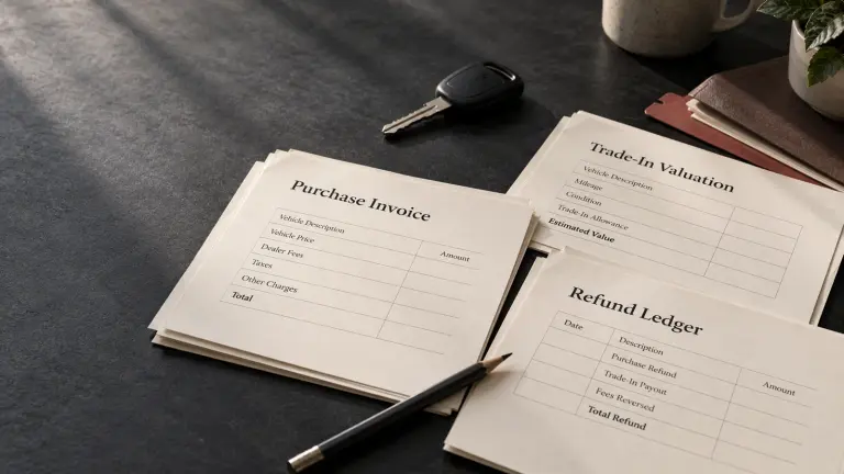 A car key beside separate purchase, trade-in, and refund records.