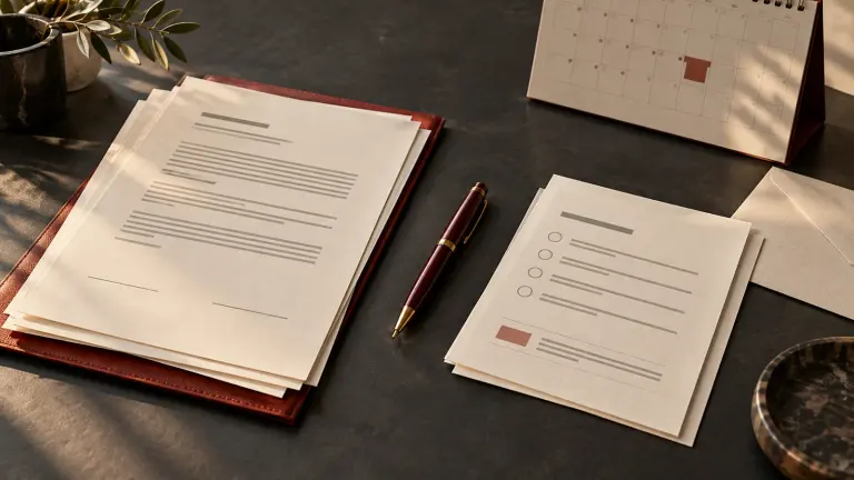 A fictional employment agreement beside separate pay records and a benefits eligibility checklist.