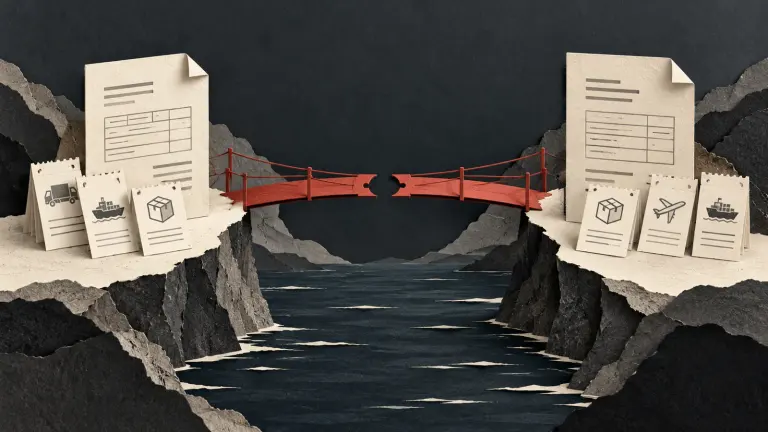 Two ivory invoice folios on opposite shores connected by a thin brick-red paper bridge, with neatly arranged delivery receipts and a missing payment token