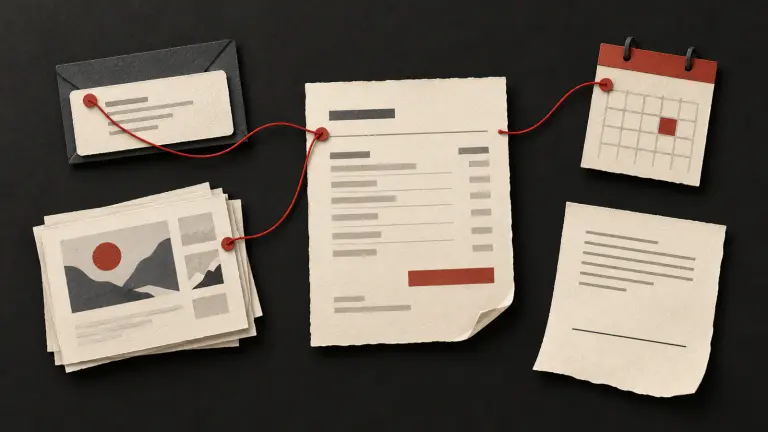 An unpaid invoice linked to email, delivered work and a calendar beside an unsigned agreement.