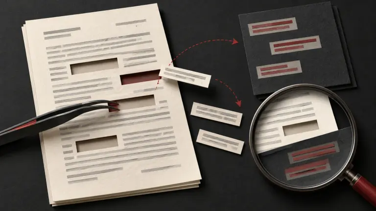 A scanned document with sensitive strips removed and its visible and hidden text layers checked separately.