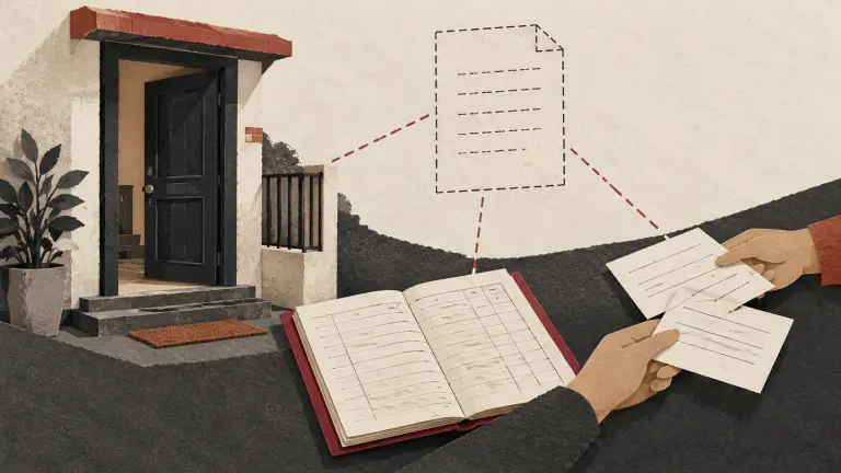 A rental doorway, deposit ledger and messages connected to an outline of a missing agreement.