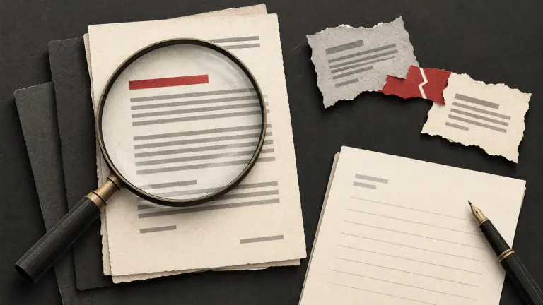 A legal notice under a magnifying glass beside supporting evidence and a response sheet.
