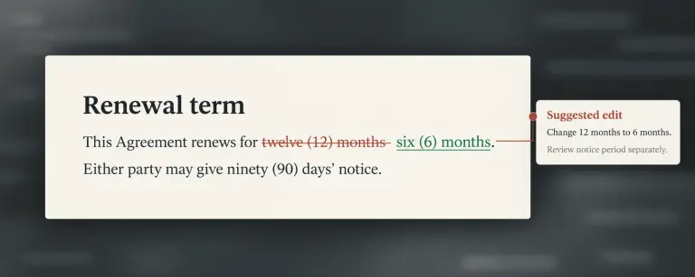 Illustrative, fictional contract redline: ‘twelve (12) months’ is marked for deletion and ‘six (6) months’ is inserted, with a reviewer note to check the notice period.