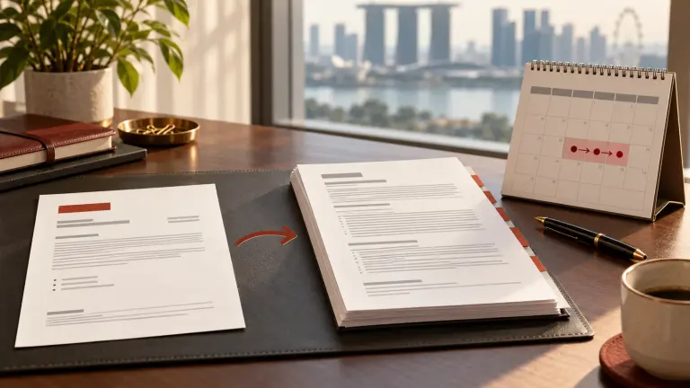 Fictional offer letter and employment terms beside a calendar marking a three-month notice sequence.