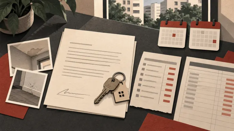 An apartment key beside a tenancy agreement, condition photos, deduction sheet and two separate calendars