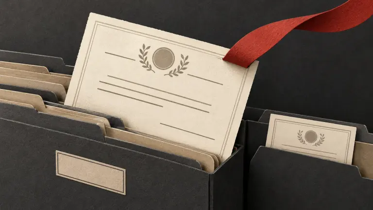 An ivory employment certificate with a blank signature line is drawn from an archive folder by a red request ribbon
