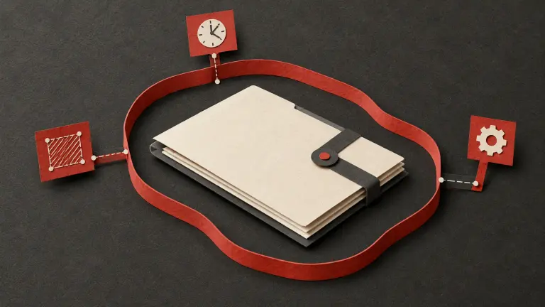 A brick-red paper boundary loop around a small ivory work portfolio is carefully measured with three separate tabs for duration, area and activity