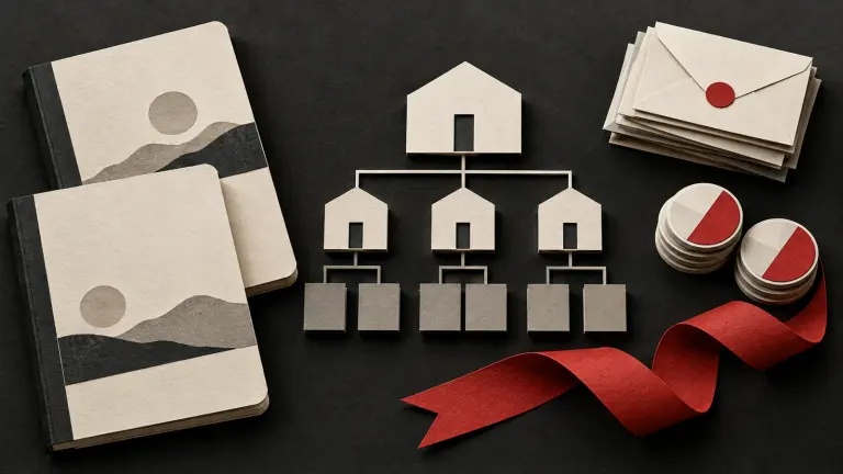 Two ivory founder notebooks overlap around an unassembled paper company structure