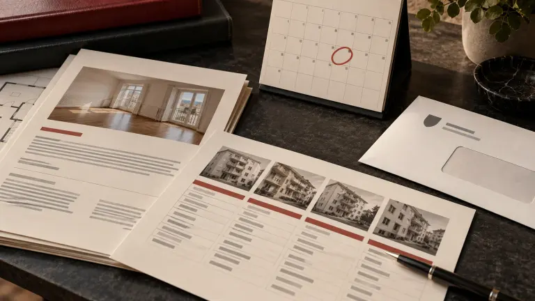 Fictional lease, rent comparison sheet, calendar, and neutral canton letter envelope.
