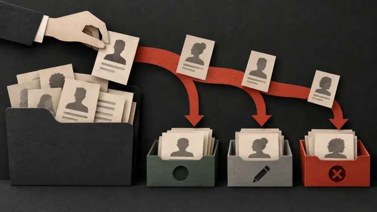 Ivory applicant-profile fragments move from a recruiter folder into distinct retained, corrected and removed trays
