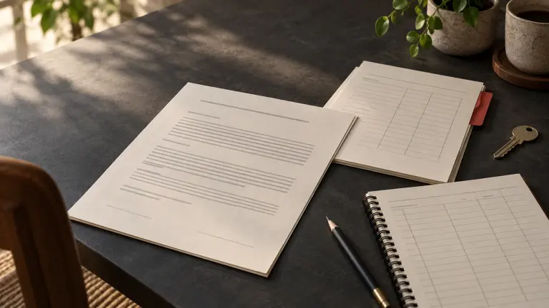 A rental agreement, separate deposit record, and rent ledger beside a house key.