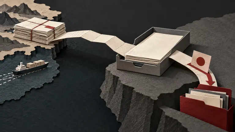 An overseas ivory invoice packet reaches a Swiss-style neutral administrative tray across a folded paper bridge