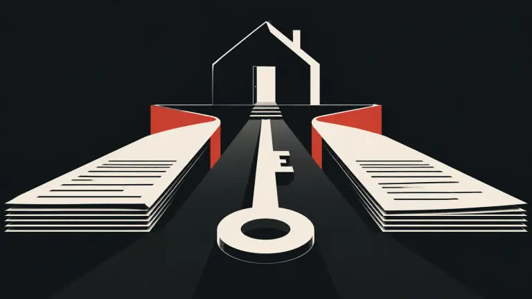 A house and key sit between two separate paths representing rent records and possession.